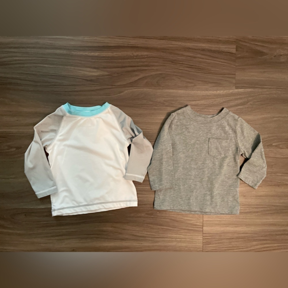 Garanimals Baby Boy Long Sleeve Tees - Gray and White with Blue Trim size 6/9M
